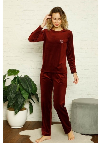 Bordo Ipeksi Kadife Pijama Takımı