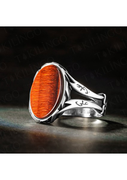 925 Ayar Gümüş Ya Ali Yazılı Kılıç Motifli Kırmızı Kaplangözü Erkek Yüzük