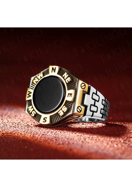 925 Ayar Gümüş Pusula Motifli Siyah Oniks Taşlı Erkek Yüzük