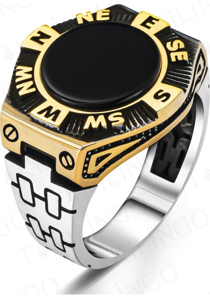 925 Ayar Gümüş Pusula Motifli Siyah Oniks Taşlı Erkek Yüzük fiyatları