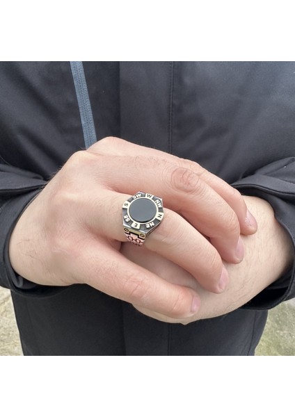 925 Ayar Gümüş Pusula Motifli Siyah Oniks Taşlı Erkek Yüzük modelleri