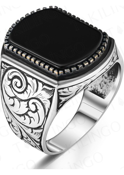 925 Ayar Gümüş Kalem Işlemeli Siyah Oniks Taşlı Erkek Yüzük fiyatları