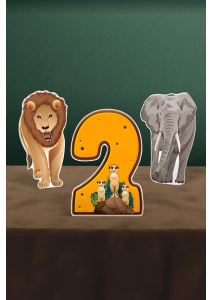 Safari Temalı 2 Yaş 3’lü Doğum Günü Parti Masa Süsü