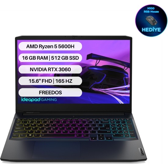 Lenovo IdeaPad Gaming 3 AMD Ryzen 5 5600H 16GB 512GB SSD RTX3060 Freedos 15.6" FHD Taşınabilir Bilgisayar 82K200K0TX
