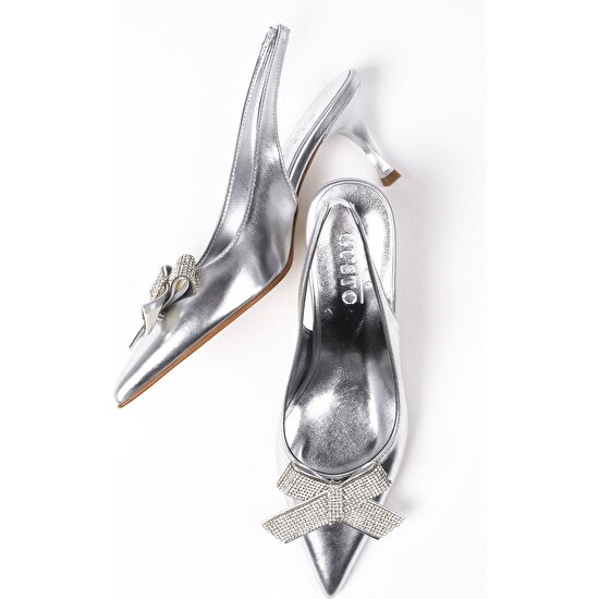 Mio Gusto Sheila Gümüş Renk Taşlı Fiyonk Aksesuarlı Arkası Açık Kadın Abiye Topuklu Ayakkabı