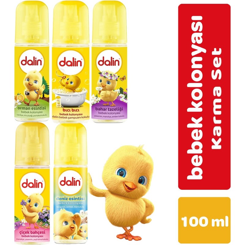 Dalin Bebek Kolonyası 5×100 ml 5'li Set – Çiçek Bahçesi, Deniz-Orman Esintisi, Bıcı Bıcı, Bahar Tazeliği, Hassas Ciltlere Uygun