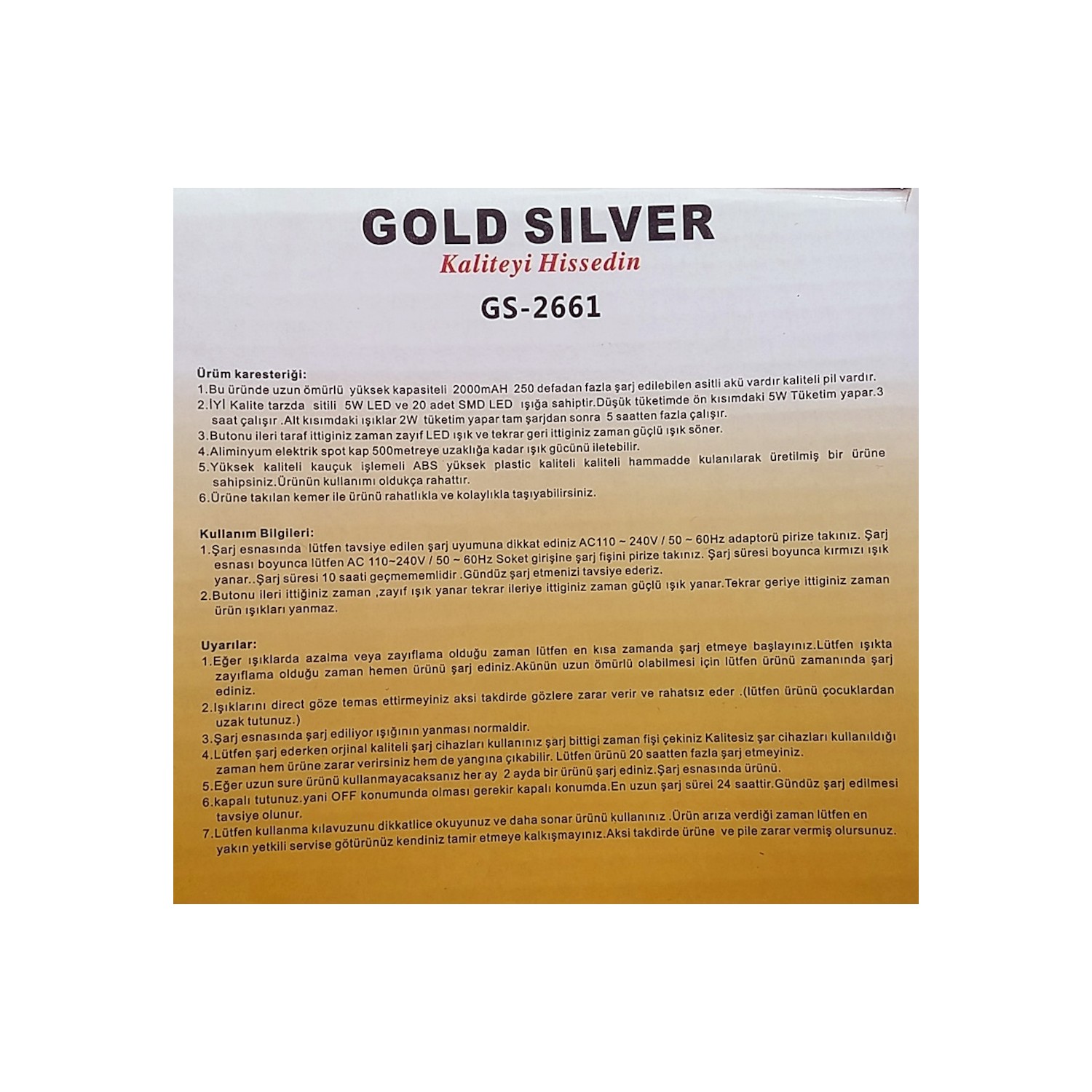 Gold Silver Gs 2661 Sarj Edilebilir El Feneri 5w Fiyati