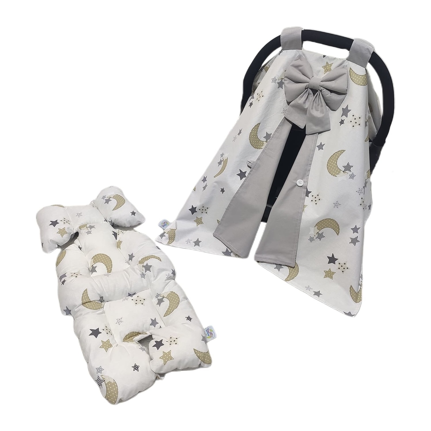 Bebek Atölyesi Gri Ay Desenli Puset Örtüsü ve İç Minderi