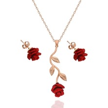 Pigado Gümüş Gül Kolye Küpe Seti