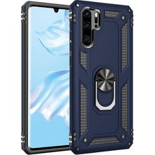 Coverzone Xiaomi Mi Note 10 Kılıf Shockproof Standlı Yüzük Tutuculu Mega Case Lacivert + Nano Glass