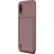 Tekno Grup Samsung Galaxy A01 Kılıf Karbon Desenli Lux Negro Silikon Kahverengi + Tam Kaplayan 5D Cam Ekran Koruyucu