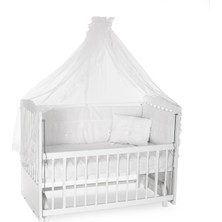 Heyner Ahşap Lake Beyaz Renk Anne Yanı Beşik 3 Kademeli Sallanan Ahşap Beşik 60 x 120 cm - Beyaz Güpürlü Uyku Setli & Soft Yataklı