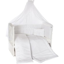 Bamgidoo Ahşap Lake Beyaz Renk Anne Yanı Beşik 3 Kademeli Sallanan Ahşap Beşik 60 x 120 cm - Beyaz Güpürlü Uyku Setli & Soft Yataklı