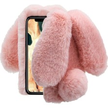 TahTicMer Apple iPhone 11 Kılıf Peluş Tüylü Tavşan Kulak Silikon Tpu Kapak Pembe