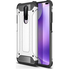 Case 4U Xiaomi Redmi K30 Kılıf Military Armor Çift Katmanlı Crash Silikon Kılıf + Cam Ekran Koruyucu Gümüş