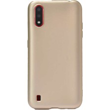 Case 4U Samsung Galaxy A01 Kılıf Klasik Mat Renkli Yumuşak Premier Silikon + Cam Ekran Koruyucu Altın