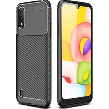 Case 4U Samsung Galaxy A01 Kılıf Rugged Armor Karbon Desenli Lüx Negro Silikon Arka Kapak + Cam Ekran Koruyucu Siyah