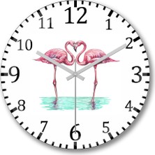 Baskı Dükkanı Aşk Kuşları Flamingo 3 Duvar Saati Bombeli Gercek Cam
