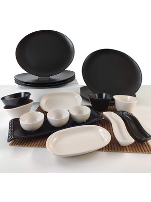 Keramika Oval 18 Parça 6 Kişilik Kahvaltı Takımı Siyah - Krem Mat