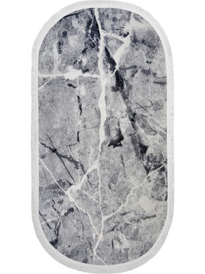 Diji Dekor Dekoratif Dijital Saçaklı Oval Halı Antialaerjik Granit Gri 150 x 700 cm