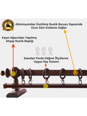 Perdejim Ceviz Ahşap Rustik Perde Askısı - Raylı Rustik Borusu 100 cm