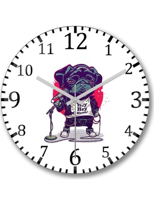 Baskı Dükkanı Black Dog Pug Köpek Duvar Saati Bombeli Gercek Cam