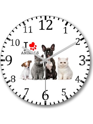 Baskı Dükkanı I Love Cat Duvar Saati Bombeli Gercek Cam
