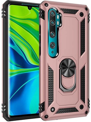Tekno Grup Xiaomi Mi Note 10 Kılıf Çift Katmanlı Yüzüklü Manyetik Vega Kapak Rose + Tam Kaplayan 6D Nano Ekran Koruyucu
