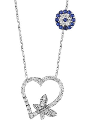 Altın Sepeti Altınsepeti Gümüş Gözlü Üzeri Kelebekli Kalp Kolye TG324