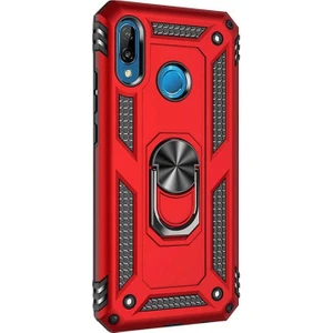 Huawei P20 Lite Kılıf Vega Standlı Yüzüklü Mıknatıslı + Nano Glass Kırmızı