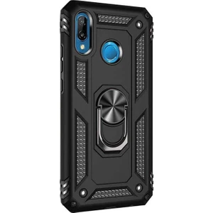 Huawei P20 Lite Kılıf Vega Standlı Yüzüklü Mıknatıslı + Nano Glass Siyah