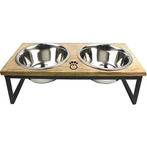 GF PET - Ahşap Kaplı 2li Çelik Mama ve Su Kabı Medium