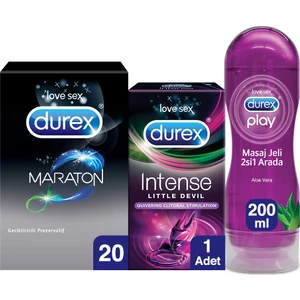 Performans Paketi - Maraton 20LI Prezervatif, Aloe Vera  ve Masaj Jeli 200ML, Little Devil Titreşimli Halka