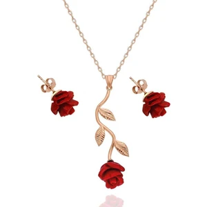 925 Ayar Gümüş Gül Kolye Küpe Seti Rose Kaplama