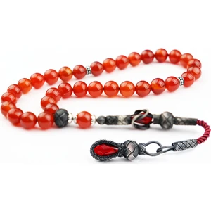 Kazaz Püsküllü Kırmızı Akik  1000 Ayar Gümüş  Doğaltaş Tesbih