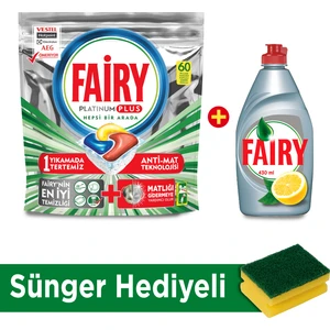 Platinum Plus 60 Yıkama + Fairy Platinum 430 ml Sıvı Bulaşık Deterjanı Limon + Sünger