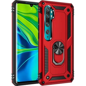 Tekno Grup Xiaomi Mi Note 10 Kılıf Çift Katmanlı Yüzüklü Manyetik Vega Kapak Kırmızı + Tam Kaplayan 6D Nano Ekran Koruyucu