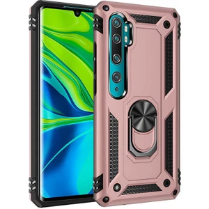 Tekno Grup Xiaomi Mi Note 10 Kılıf Çift Katmanlı Yüzüklü Manyetik Vega Kapak Rose + Tam Kaplayan 6D Nano Ekran Koruyucu