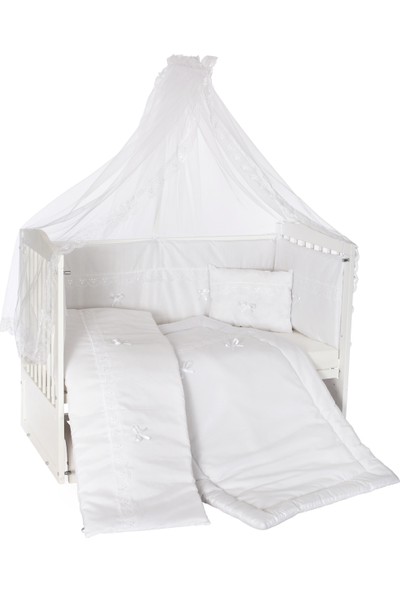 Heyner Ahşap Lake Beyaz Renk Anne Yanı Beşik 3 Kademeli Sallanan Ahşap Beşik 60 x 120 cm - Beyaz Güpürlü Uyku Setli & Soft Yataklı