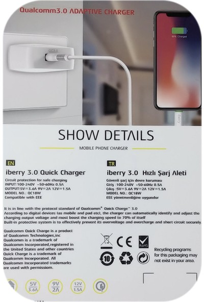 iBerry 18W Şarj Adaptörü + Type-C Data ve Şarj Kablosu