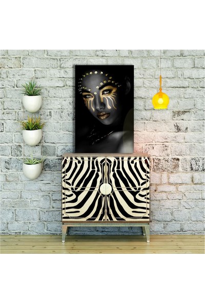 Ece Dizayn Altın Siyahi Kadın Cam Tablo 50 x 70 cm