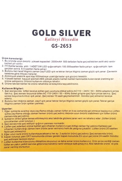 Gold Silver GS-2653 Şarjlı El Feneri 5W