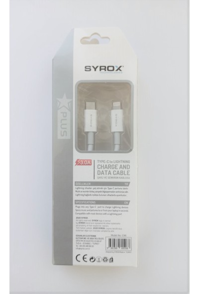 Syrox 3.0A Type-C To Lightning Şarj Senkron Kablosu 1m C96
