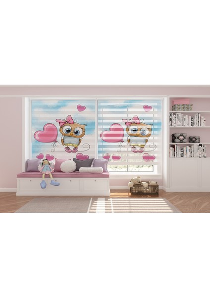 Pembe Baykuş Dijital Baskılı Piliseli Zebra Perde