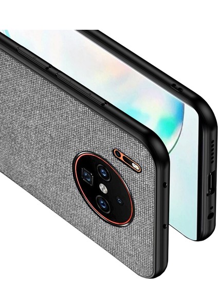 Huawei Mate 30 Fabrik Serisi Kumaş/Deri Desen Kılıf Gri