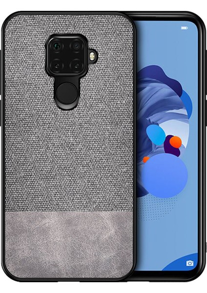 Huawei Mate 30 Lite Fabrik Serisi Kumaş/Deri Desen Kılıf Gri