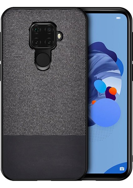 Huawei Mate 30 Lite Fabrik Serisi Kumaş/Deri Desen Kılıf Siyah