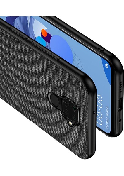 Huawei Mate 30 Lite Fabrik Serisi Kumaş/Deri Desen Kılıf Siyah