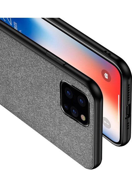 iPhone 11 Pro Max Fabrik Serisi Kumaş/Deri Desen Kılıf Gri