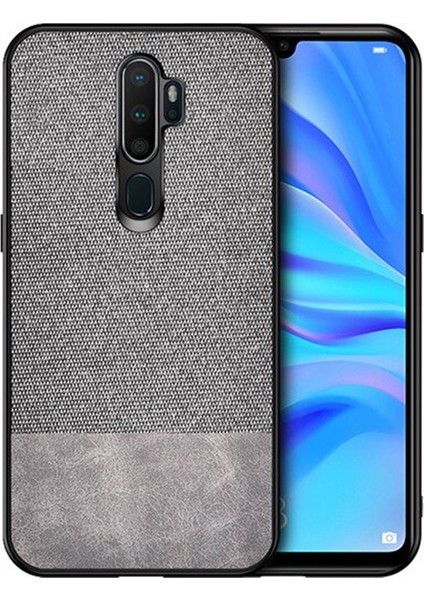 Oppo A5 2020 - Oppo A9 2020 Fabrik Serisi Kumaş/Deri Desen Kılıf Gri